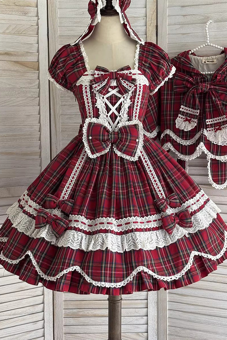 Red Gingham Petal Bunny Short Sleeves Printed Ruffled Bow Sweet Lolita OP Dress