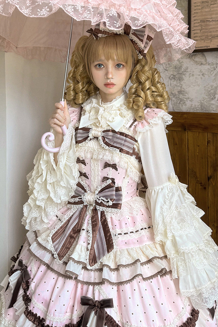 Pink Shengqiao Tata Sleeveless Print Ruffle Bowknot Lace-Up Sweet Elegant Lolita Jsk Dress