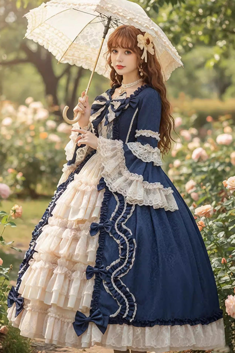 Sweet Long Sleeves Multi-Layered Ruffled Open-Front Bow Lace Princess Lolita Victorian Dress 5 Colors