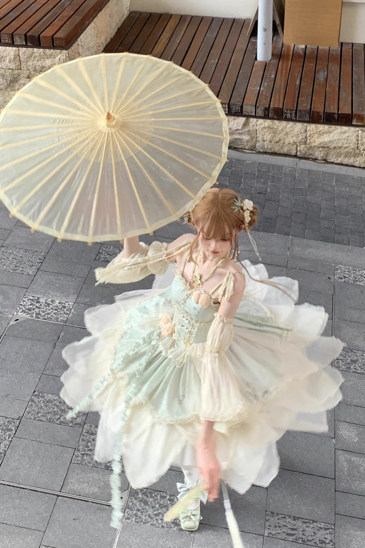 Green Tea Bamboo Song Sleeveless Print Ruffle Bowknot Sweet Chinese Style Elegant Ballet Lolita Jsk Short Dress