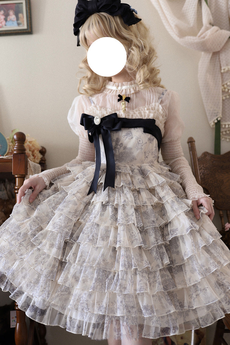 Multi-Color Wonderland Travels Multi-Layered Print Ruffle Bowknot Sweet Lolita Tiered Dress