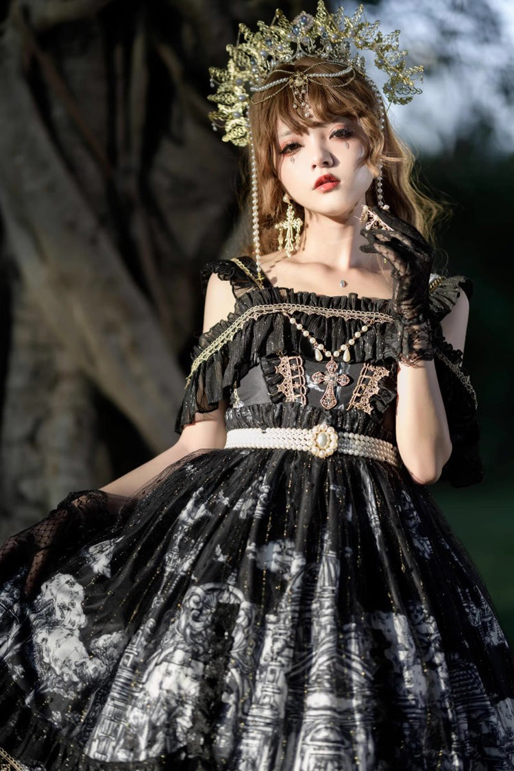 Black Castle Feast Print Ruffle Bowknot Gothic Princess Lolita Jsk Dress
