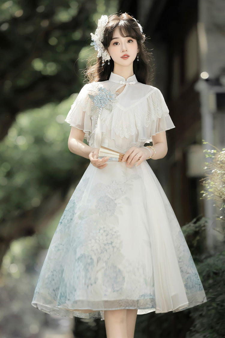 White Hydrangea Message Short Sleeves Print Ruffle Lace Sweet Chinese Style Elegant Lolita Short Dress
