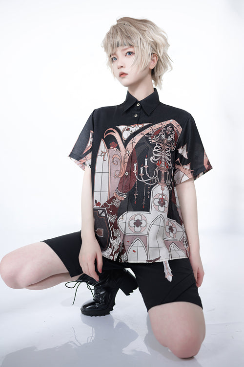 Lapel Collar Night Command Print Loose Short Sleeves Ouji Lolita Blouse