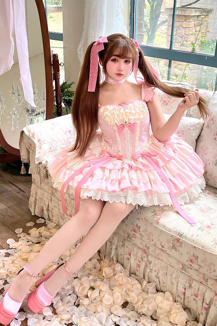 Pink Strawberry Candy Multi-Layered Ruffle Bowknot Lace Sweet Ballet Lolita Dress