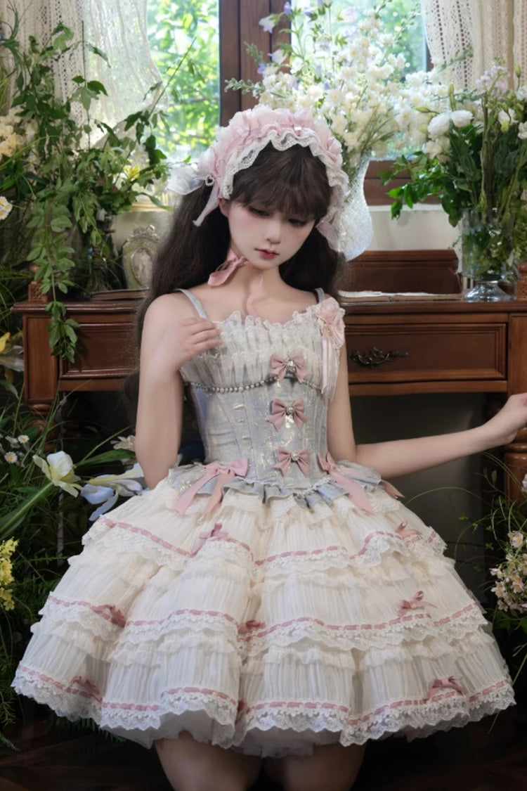 Blue/Apricot Sea Salt Souffle Sleeveless Multi-Layered Bowknot Lace Sweet Ballet Lolita Jsk Dress