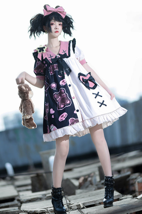 Multi-Color Lapel Collar Short Sleeve Single Breasted Bear Print Sweet Lolita Dress