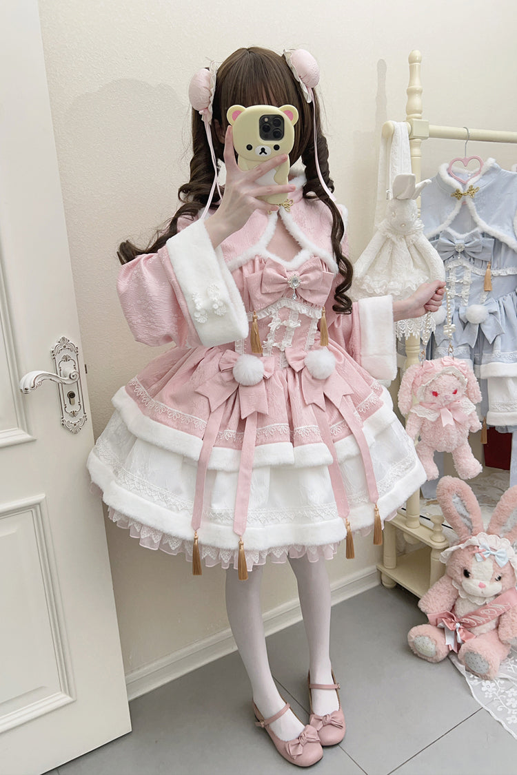 Pink Snow Rabbit Long Sleeves Ruffle Bowknot Fake Two Pieces Sweet Lolita Dress