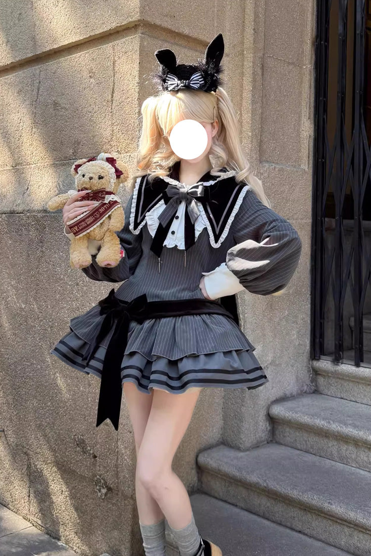 Black Bizarre Rabbit Opera Navy Collar Long Sleeves Print Ruffle Bowknot Gothic Lolita Dress