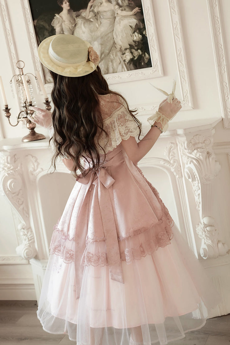 Pink Rose Poems Ruffle Embroidery Bowknot Lace Asymmetric Sweet Elegant Lolita Dress Set