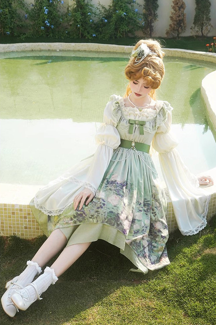 Green Blooming Roses Print Oil Painting Chiffon Ruffle Bowknot Irregular Sweet Lolita Jsk Dress