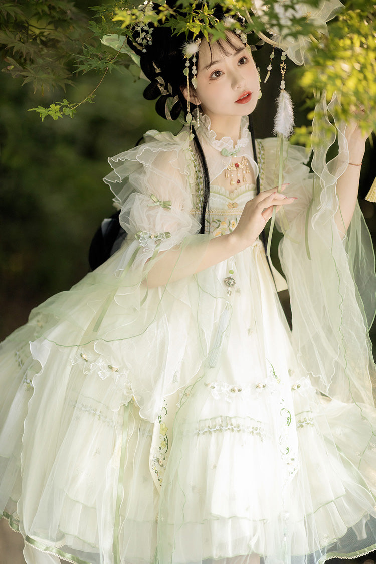 Ivory Luo Ling Fu Ruffle Embroidery Bowknot Lace Sweet Chinese Style Lolita Jsk Dress