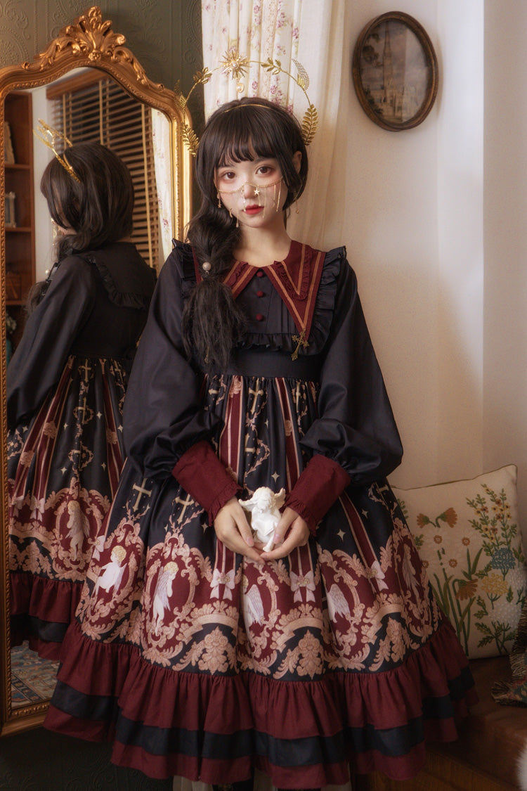 Angel's Redemption Long Sleeves Angel Print Ruffle Bowknot Sweet Lolita Dress 3 Colors