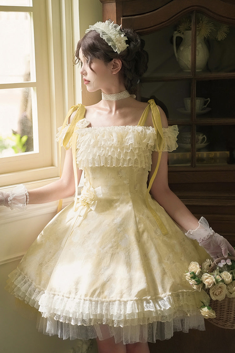 Yellow Falling Flowers as a Message Square Collar Flying Sleeves Print Ruffle Lace Sweet Elegant Lolita Short Dress