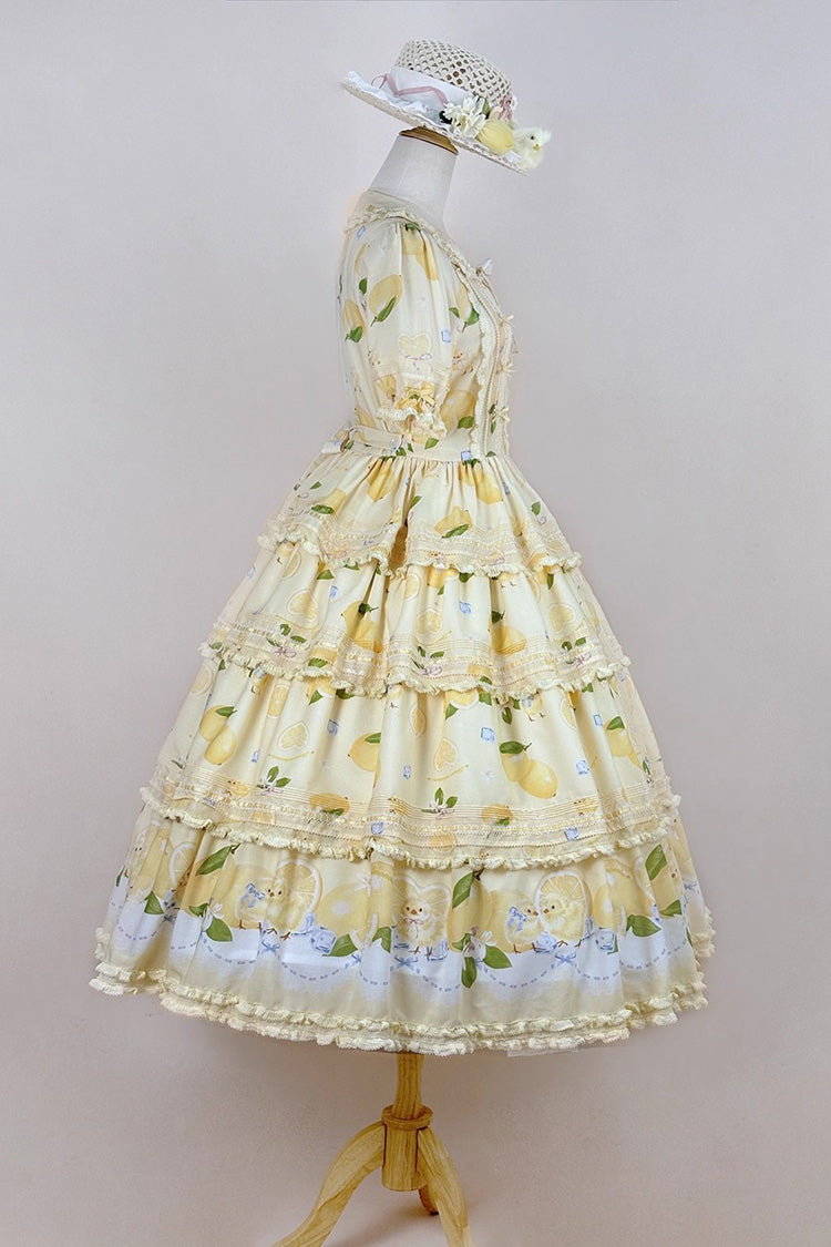 Yellow Lemon Chicken Short Sleeves Triple-Layered Print Ruffle Bowknot Lace Sweet Gorgeous Lolita Dress