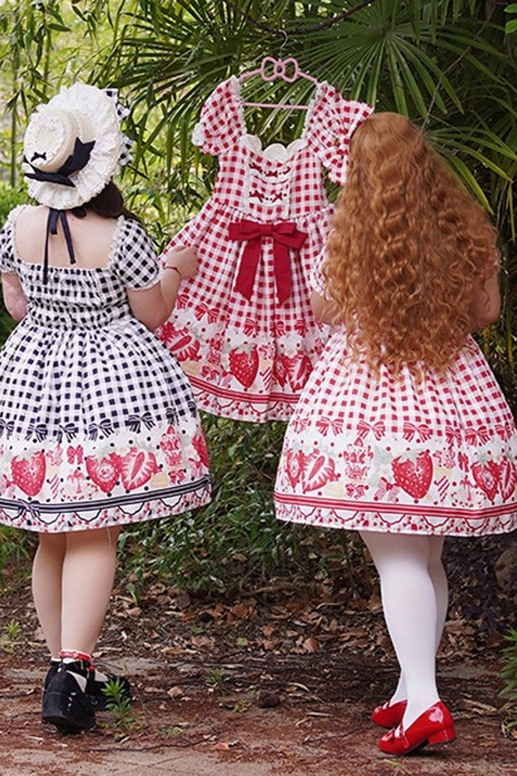 Red Short Sleeves Strawberry Plaid Print Bowknot Sweet Plus Size Princess Lolita Dress