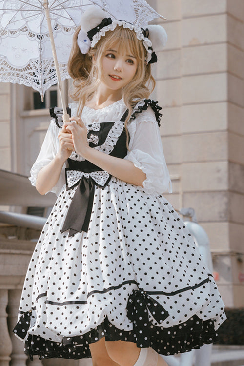White/Black Polka Dot Ruffled Strap Sweet Lolita JSK Dress