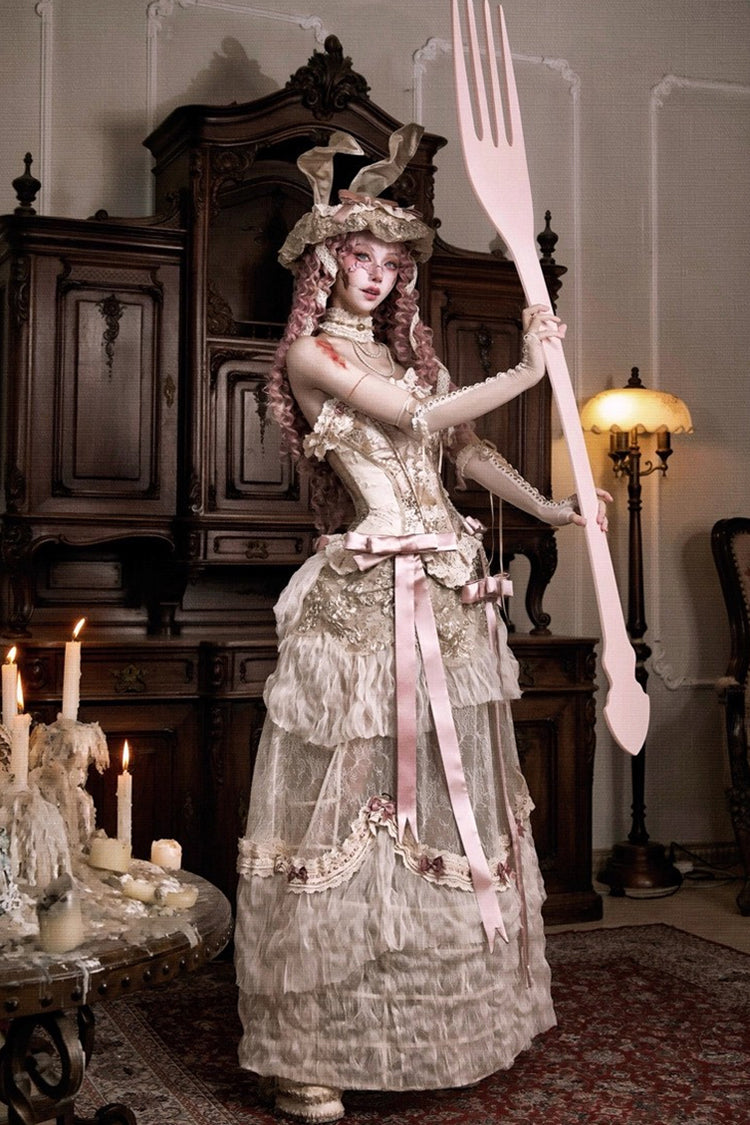 Light Brown Cupid's Poetry Box Ruffle Embroidery Bowknot Lace Classic Elegant Lolita Long Skirt