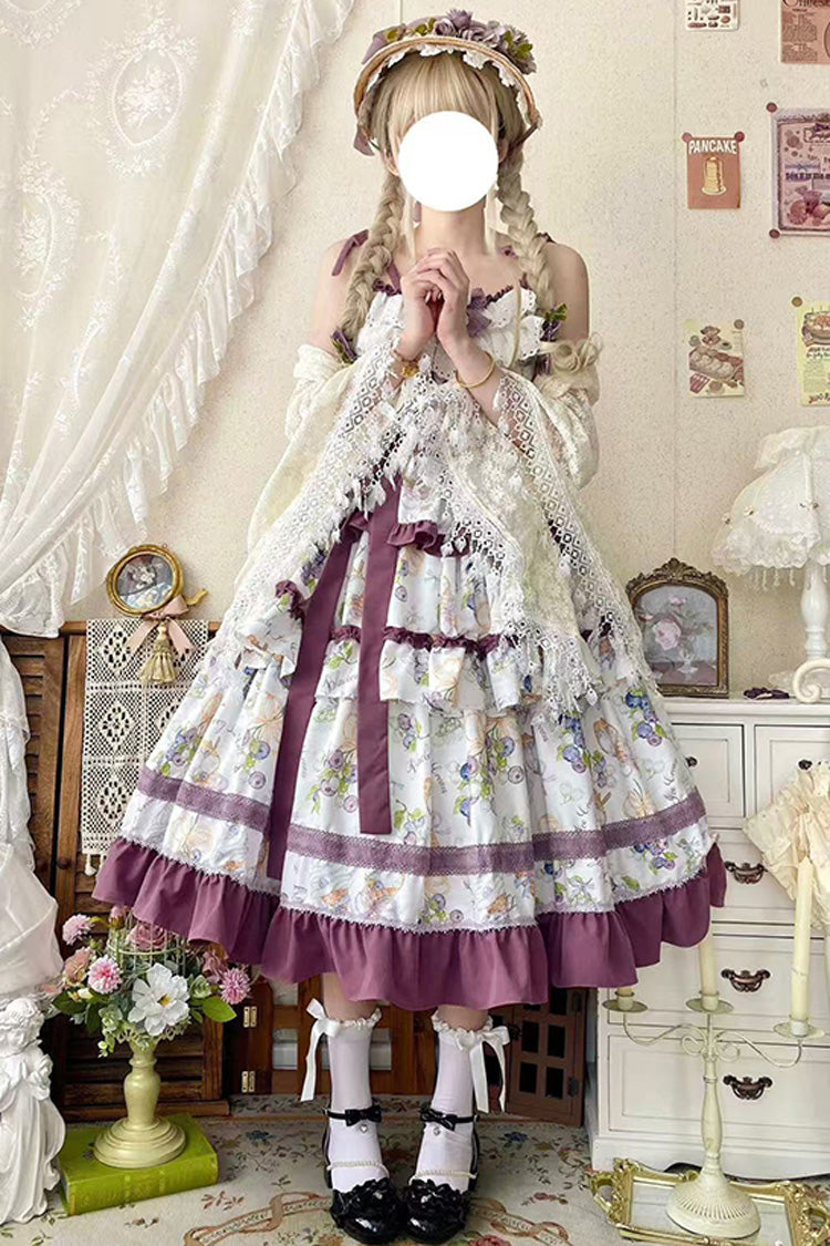 Blueberry Early Summer Sleeveless Triple-Layered Print Ruffle Bowknot Lace Sweet Lolita Jsk Dress 2 Colors