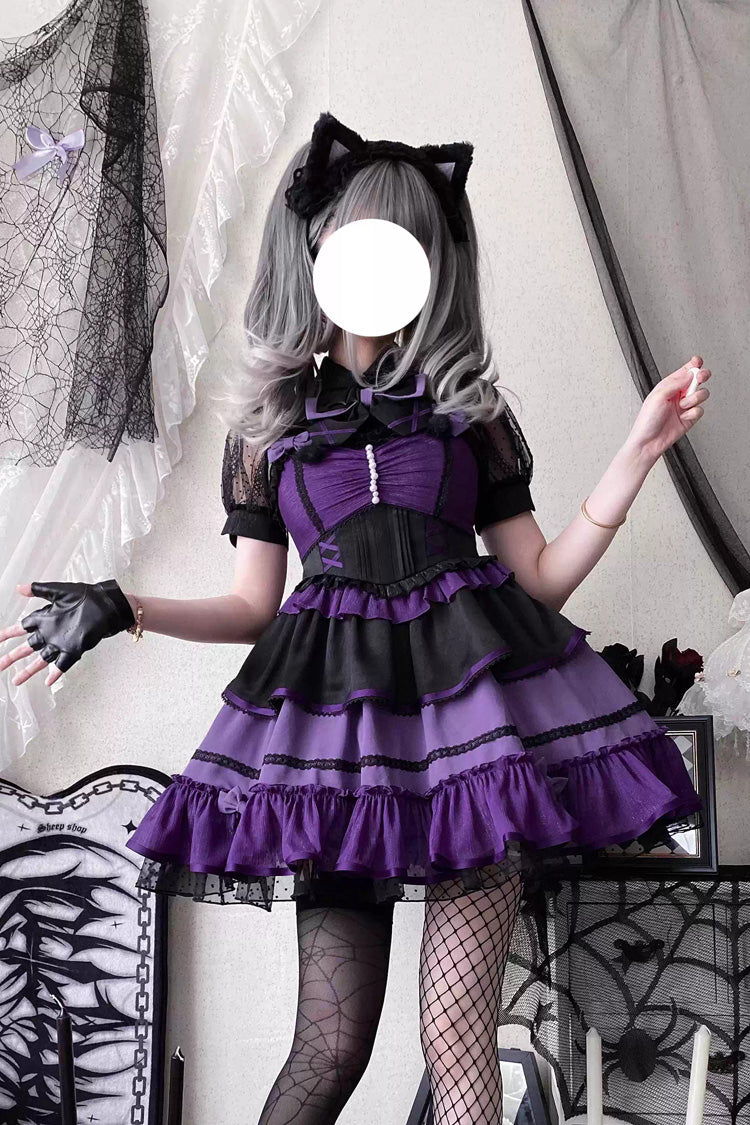 Black/Purple Cotton Cloud Lapel Collar Ruffle Bowknot Lace-Up Gothic Lolita Jsk Dress
