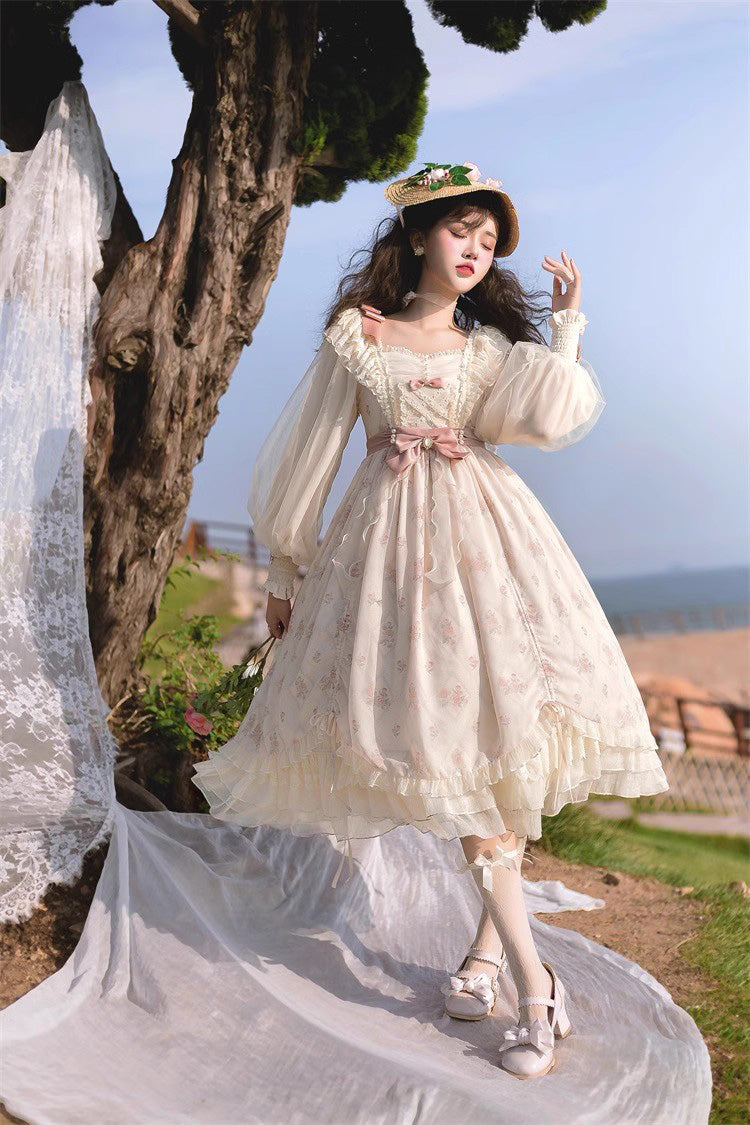 Ivory Time Letter Multi-layer Print Ruffle Bowknot Daily Sweet Elegant Lolita Dress
