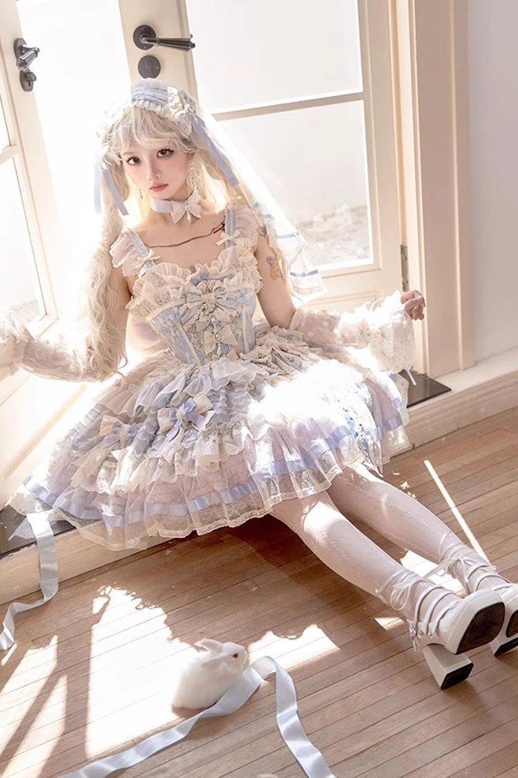 Blue Moonstone Sleeveless Ruffle Embroidery Bowknot Lace Fishbone Sweet Princess Lolita Dress