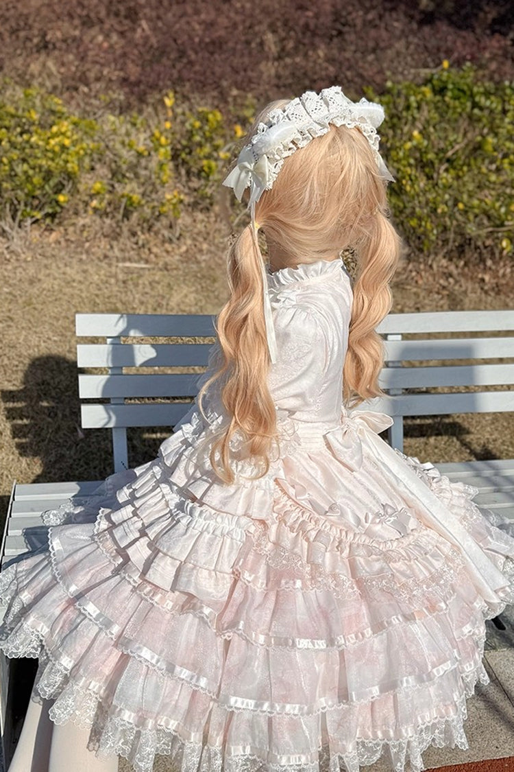 Pink The Soloist Doll Long Hime Sleeves Multi-Layered Print Ruffle Bowknot Asymmetric Sweet Lolita Dress