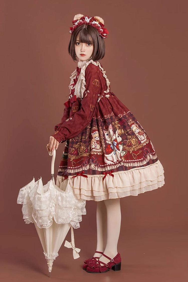 Rabbit and Bear Feast  Long Sleeves Multi-Layered Print Ruffle Bowknot Sweet Lolita Dress 2 Colors