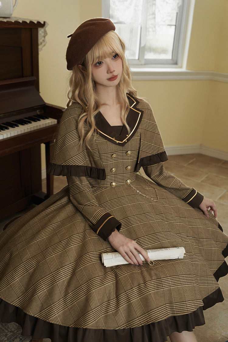 Brown Baker Street Stories Stripe Print Ruffle Fake Two Pieces British College Style Classic Lolita Dress