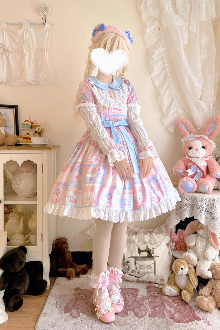 Sweetheart Bunny Bear Lapel Collar Long Sleeves Print Ruffle Bowknot Sweet Lolita Dress 3 Colors