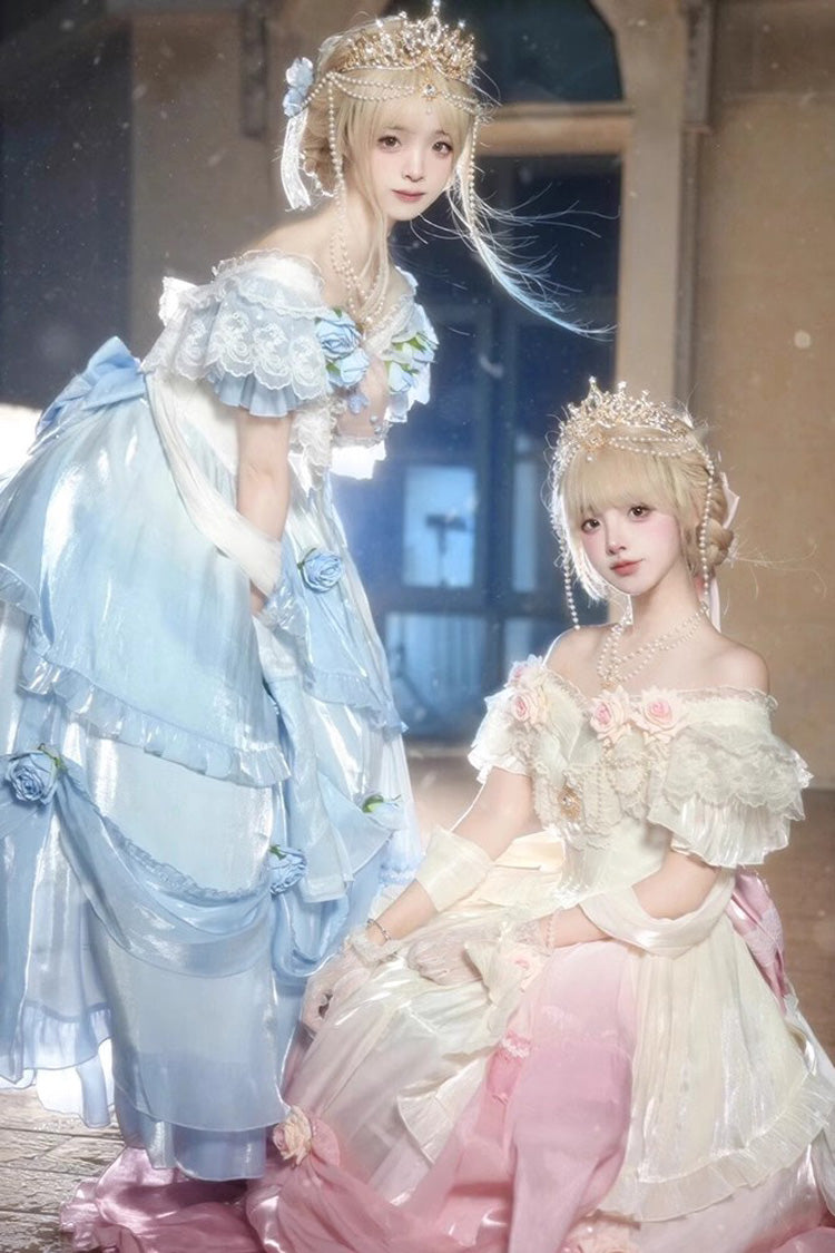 Gradient Color Short Sleeves Multi-layer Ruffle Bowknot Sweet Elegant Princess Lolita Dress 3 Colors