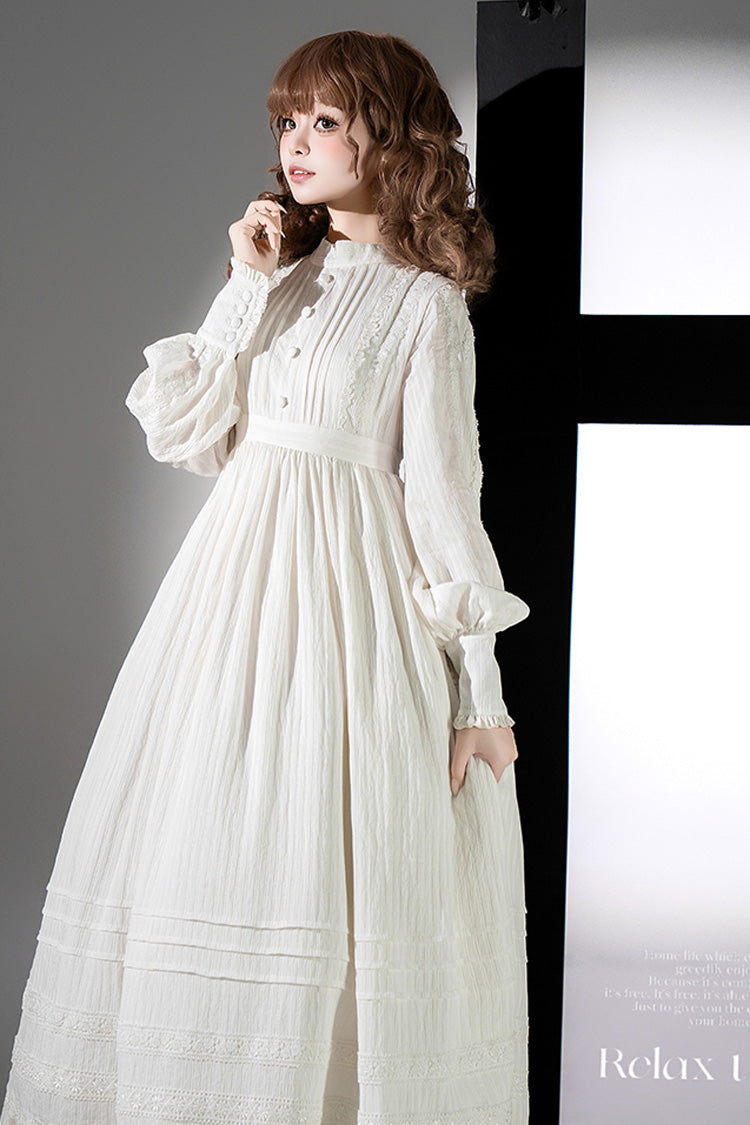 White Quiet Place Long Sleeves Jacquard Ruffle Embroidery Bowknot Gothic Lolita Dress