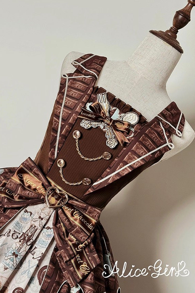 Brown Teddy Bear Chocolate Sleeveless Print Ruffle Bowknot Sweet Lolita Jsk Dress