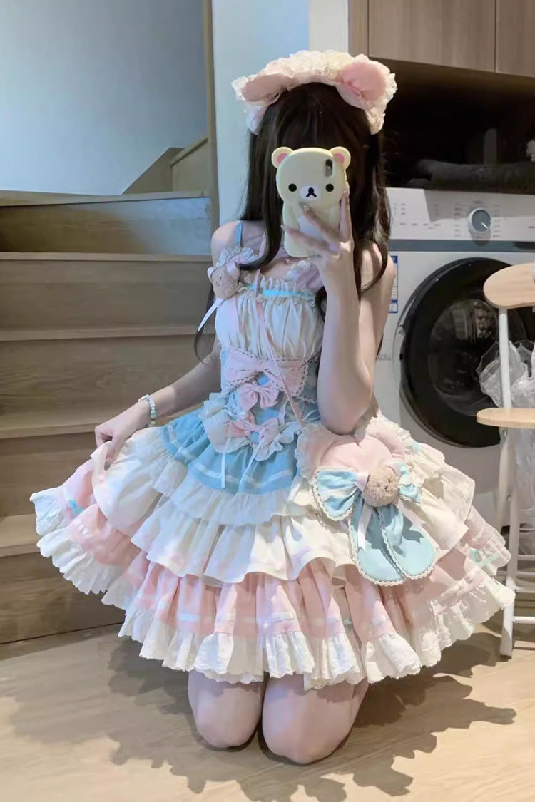 Blue/Pink First Love Bear Multi-Layered Ruffle Bowknot Lace Sweet Lolita Jsk Dress