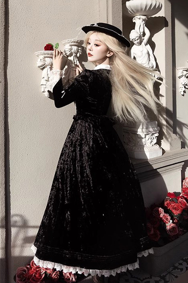 Black Whispering Castle Long Sleeves Ruffle Bowknot Lace Gothic Lolita Dress