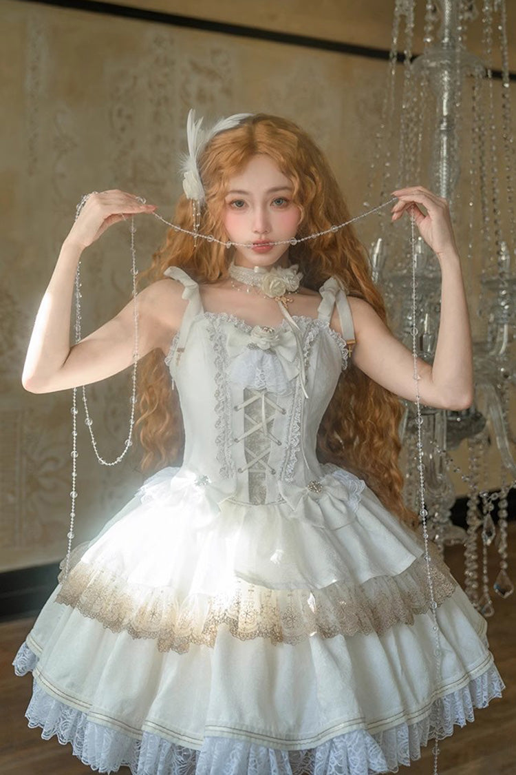 White Double-Layered Ruffle Lace Gothic Ballet Lolita Jsk Dress