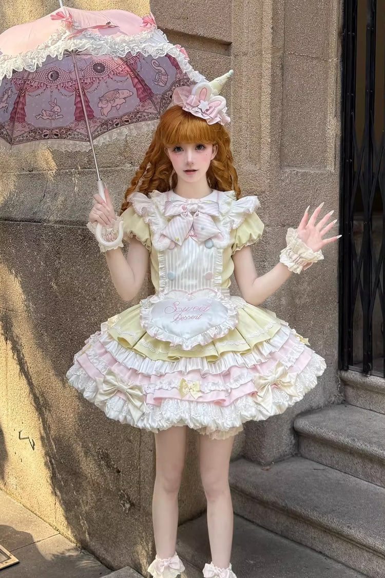 Yellow/Pink Sweet Bunny Chef Short Sleeves Multi-Layered Ruffle Bowknot Sweet Lolita Dress