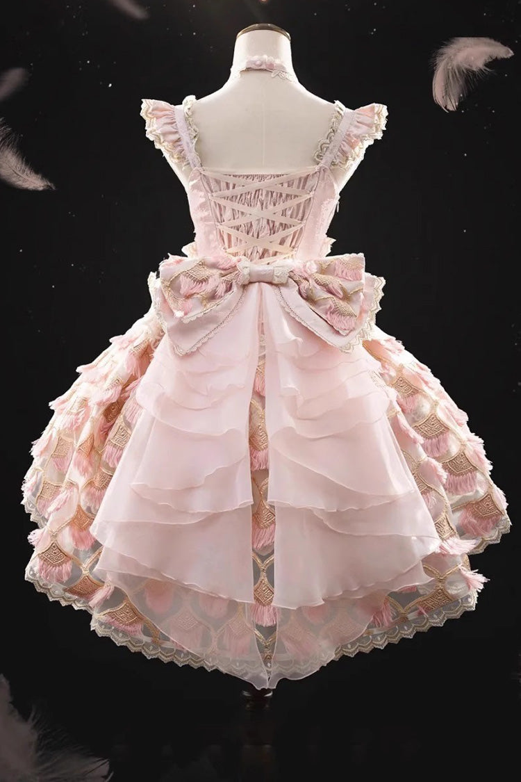 Pink Peacock Feather Multi-Layered Ruffle Hanayome Cardigan Bowknot Lace Sweet Lolita Jsk Dress Set