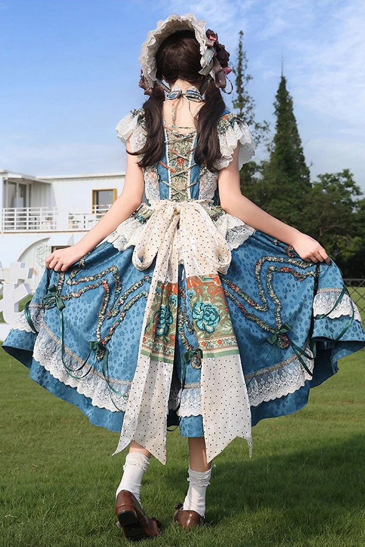 Blue Lake Monet Sleeveless High Waisted Print Ruffle Cardigan Bowknot Lace-Up Classic Vintage Elegant Princess Lolita Jsk Dress