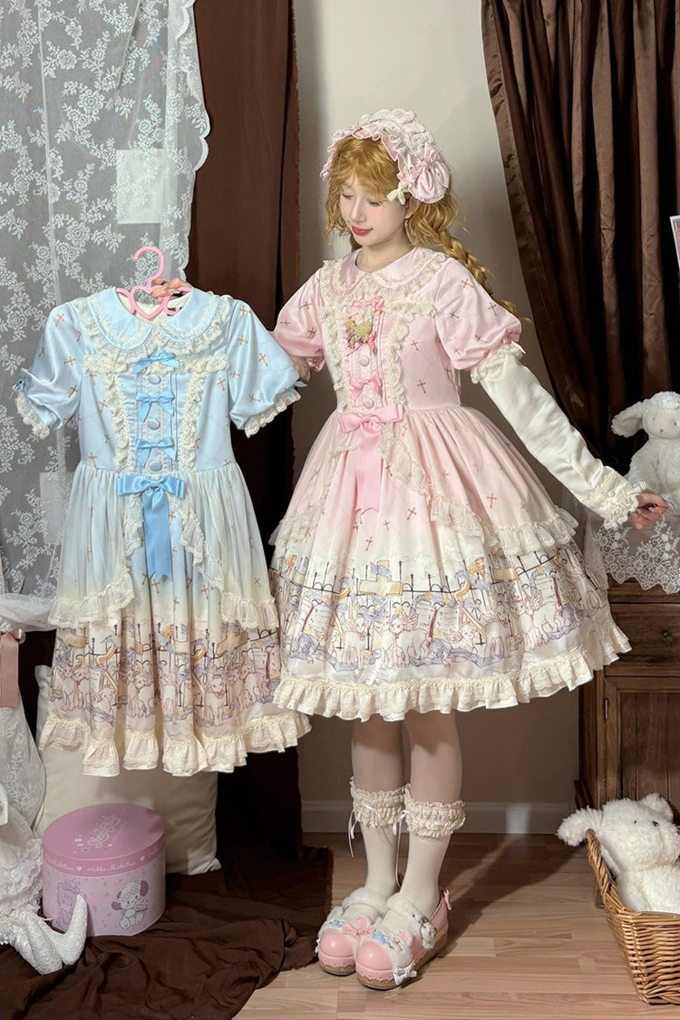 Blue Angel Lamb Lapel Collar Short Sleeves Printed Ruffled Bow Sweet Lolita Dress