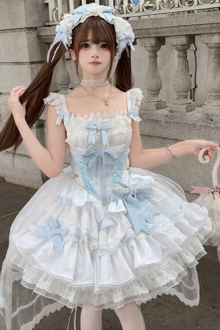 Blue/White Clouds and Mist Multi-Layered Ruffle Bowknot Lace Sweet Princess Lolita Jsk Dress