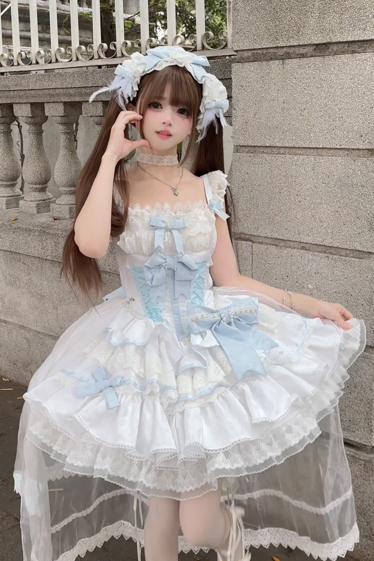 Blue/White Clouds and Mist Multi-Layered Ruffle Bowknot Lace Sweet Princess Lolita Jsk Dress