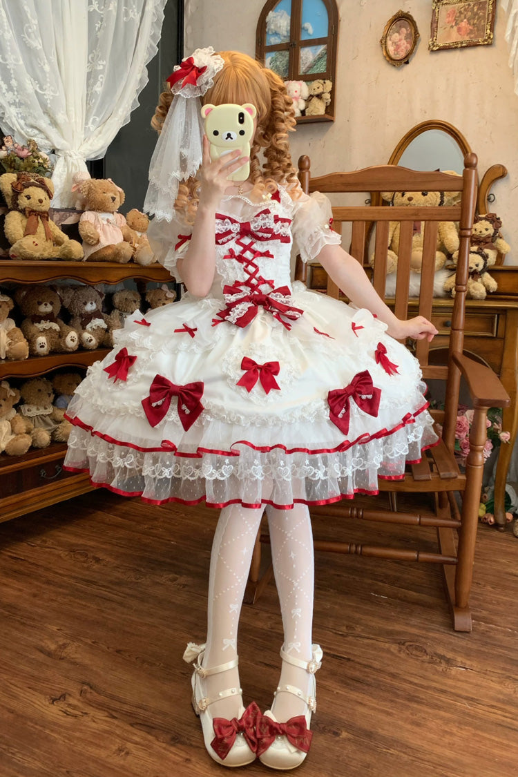 White/Red Sweetheart Sleeveless Multi-Layered Embroidered Bow Lace Lace-Up Sweet Lolita Jsk Dress