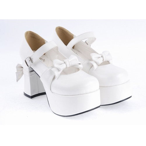 White Patent Leather Round Toe Strap Bowknot Platform Lolita Shoes