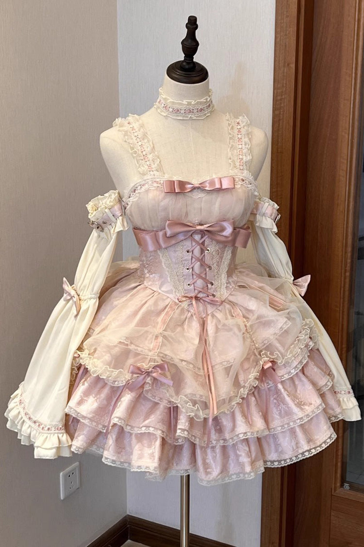 Pink Sleeveless Multi-layer Ruffle Bowknot Lace-Up Sweet Princess Lolita Jsk Dress