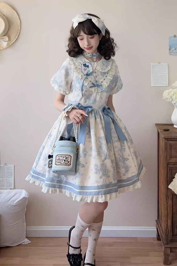 Blue Grape Moon Almanac Short Sleeves Multi-Layered Printed Ruffled Bow Sweet Lolita Dress