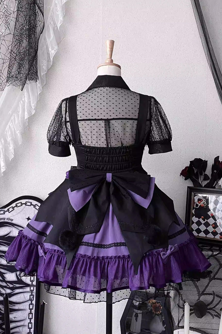 Black/Purple Cotton Cloud Lapel Collar Ruffle Bowknot Lace-Up Gothic Lolita Jsk Dress