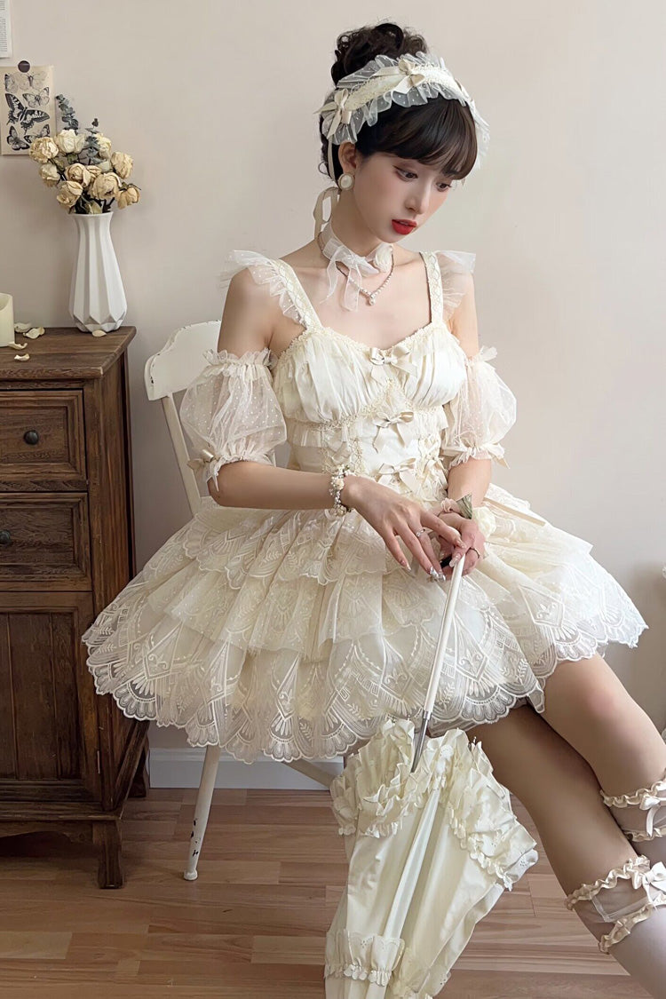 Ivory Tidal Triple-Layered Ruffle Bowknot Sweet Lolita Skirt 2 Versions