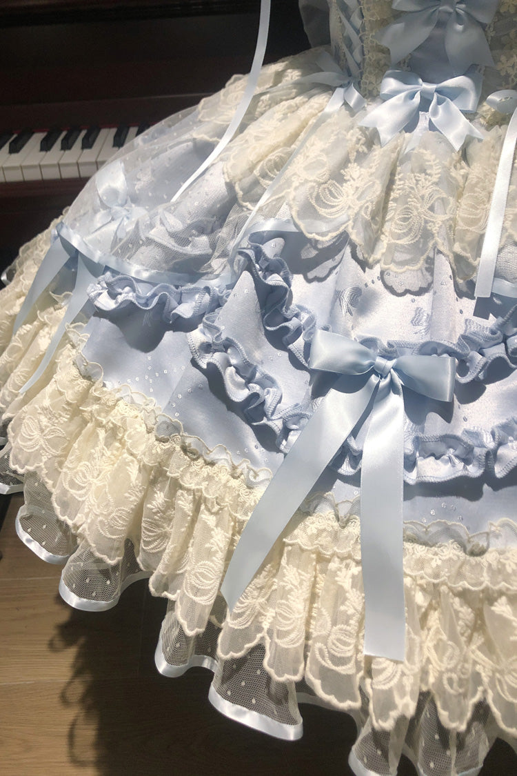 Blue Dreaming Butterfly Multi-Layered Jacquard Ruffle Bowknot Lace Sweet Princess Lolita Jsk Dress