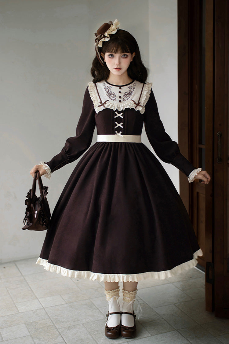 Brown Miss Brown Long Sleeves Ruffle Bouquet Embroidery Sweet Lolita Dress (Long Version)